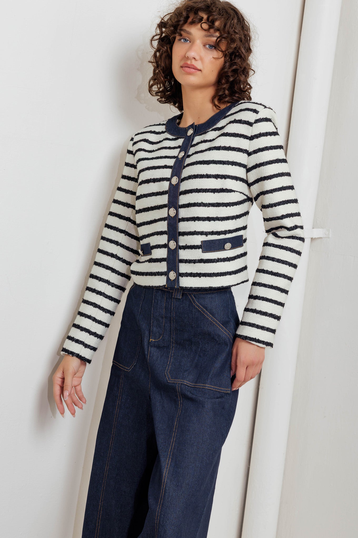 BONJOUR STRIPE WOVEN CROP JACKET Flying Tomato
